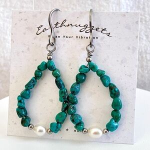 Turquoise &  Pearl Teardrop Dangle Earrings - handmade - stainless steel